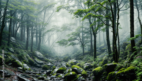 Tranquil Misty Forest Landscape in Green Rainforest