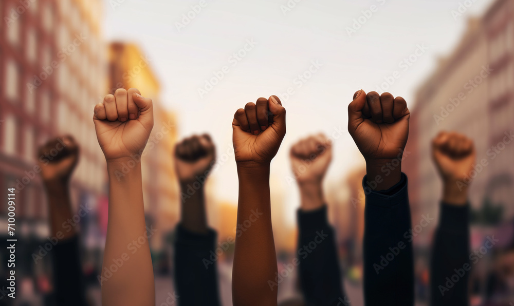 Multi ethnic fists raised up in sign of protest and social unrest - obrazy, fototapety, plakaty 