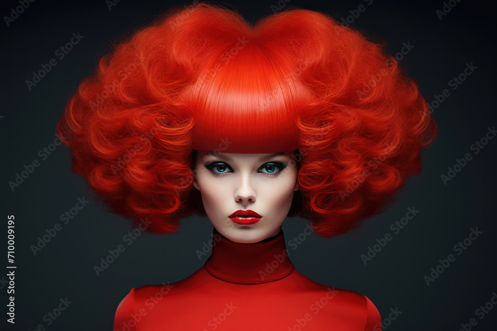 Beautiful modern model with curly red hair by high fashion style