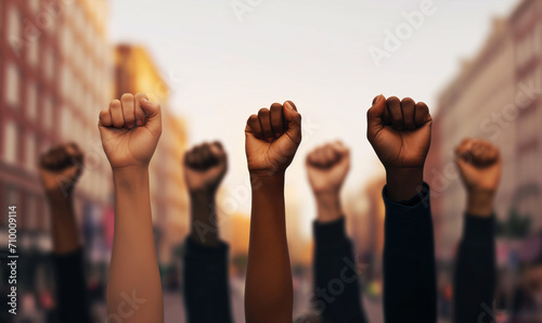 Multi ethnic fists raised up in sign of protest and social unrest