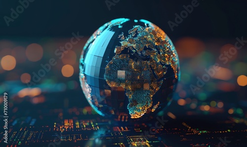 globe represents the global economic landscape. Various regions are highlighted, showcasing digital interconnected trade and commerce. 