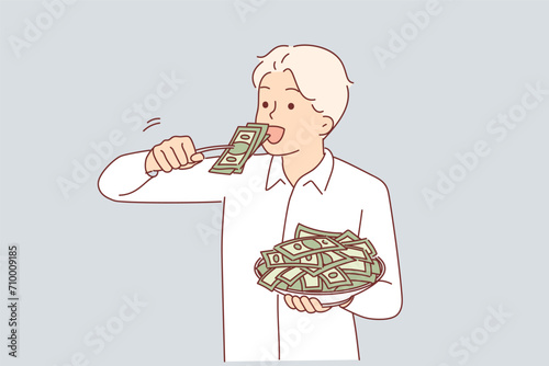 Greedy man eats money from plate, symbolizing greed and ambition for wealth or big salary