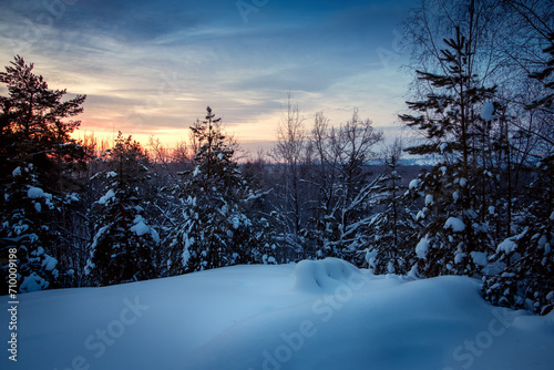 Winter landscape with forest, trees and sunrise. Winterly morning of a new day. Forest in the Russia.