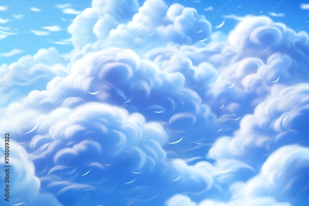 Anime style background with blue sky and smooth fluffy clouds. Cartoon ...