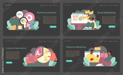 Marketing Strategies set. Illustrations depict key online marketing tactics, from foundational 4Ps to email, segmentation, and influencer partnerships. A digital marketing toolkit encapsulated.