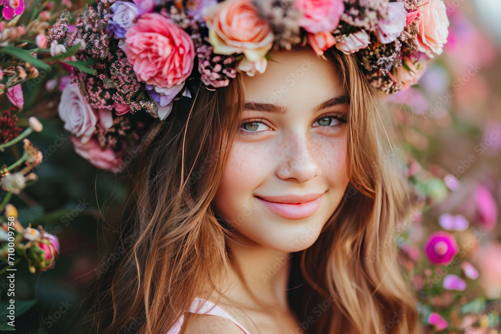Happy and smiling woman with floral wreath on her head Happy and smiling woman with floral wreath on her head