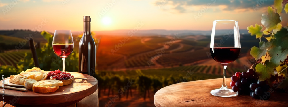 Glass of red wine on a barrel in the countryside, Wine tasting experience Glass of red wine on a barrel in the countryside, Wine tasting experience