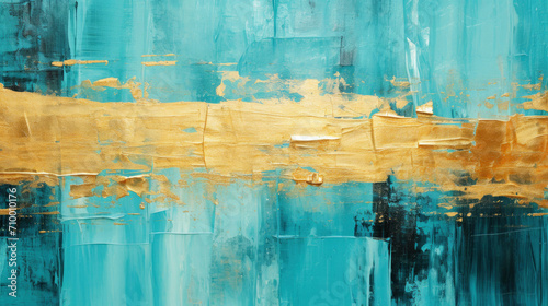 Closeup of abstract rough turquoise, golden art painting, with oil brushstroke, pallet knife painting in lines, texture