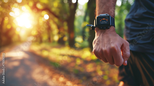 close-up of a runner's hand with a smartwatch showing a heart rate, with a blurred background of a sunlit forest path covered in leaves photo