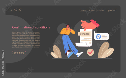 Refinance web or landing dark or night mode. Loan rate reduction to lender agreement. Debt obligation with better interest rate. Housing loan, real estate mortgage. Flat vector illustration