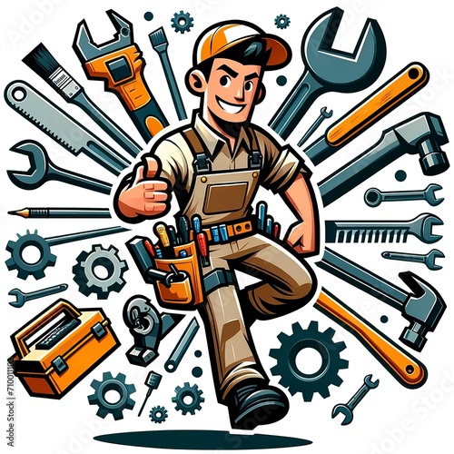 Cartoon Repairman with Tools Giving Thumbs Up