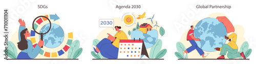 Global goals exploration, 2030 Agenda awareness, and partnership visuals set. Scrutiny of world objectives. Planning for a brighter future. United efforts for Earth's care. Flat vector illustration.