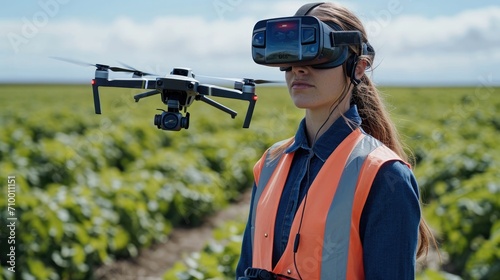 A woman with a safety vest an VR Glasses controls a big agricultural drone with remote control working over a plantation, Sunny day. Generative AI.