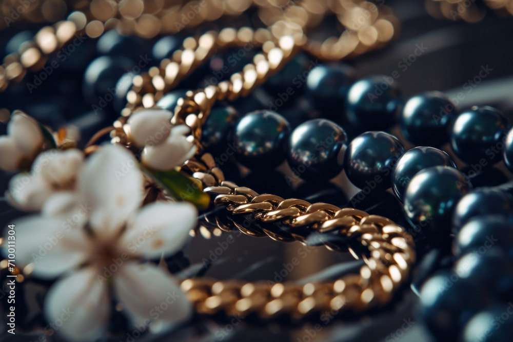 golden chains and black beads on black background golden chains and black beads on black background