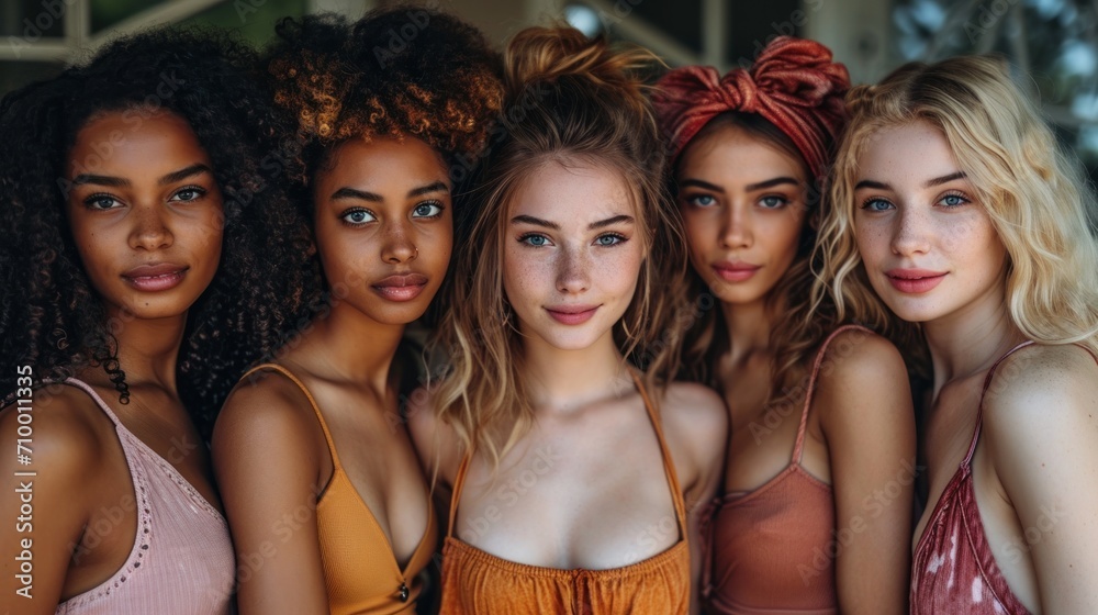 Group of beautiful young multiethnic five women with different hairstyle and makeup.
