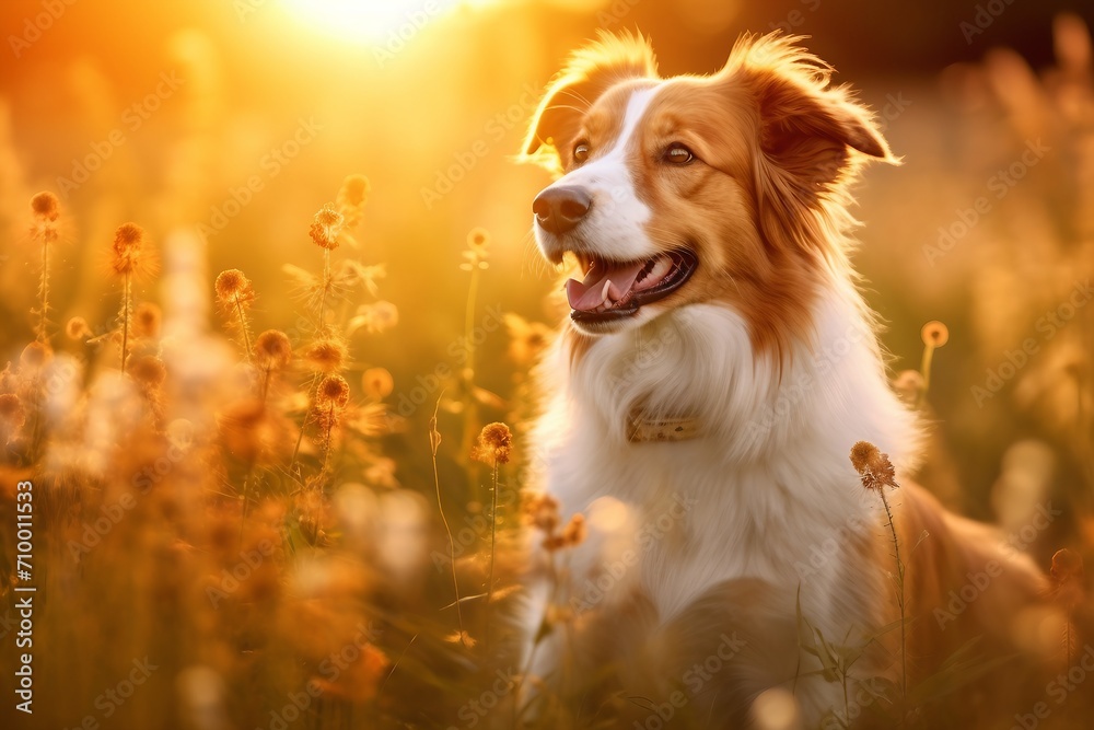Kooikerhondje dog sitting in meadow field surrounded by vibrant wildflowers and grass on sunny day ai generated Kooikerhondje dog sitting in meadow field surrounded by vibrant wildflowers and grass on sunny day ai generated