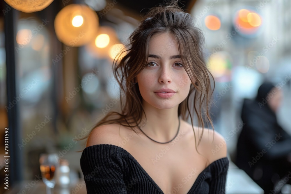 Medium shot portrait, attractive French girl, first date night Medium shot portrait, attractive French girl, first date night