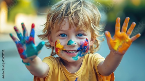 Happy kid with painted hands  Playing  Fun. Generative AI.