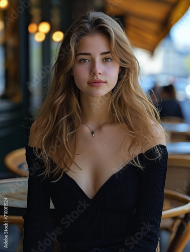 Medium shot portrait, attractive French girl, first date night