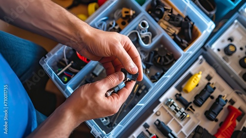 Craftsman Selecting Equipment from Organized Toolbox for Construction Work