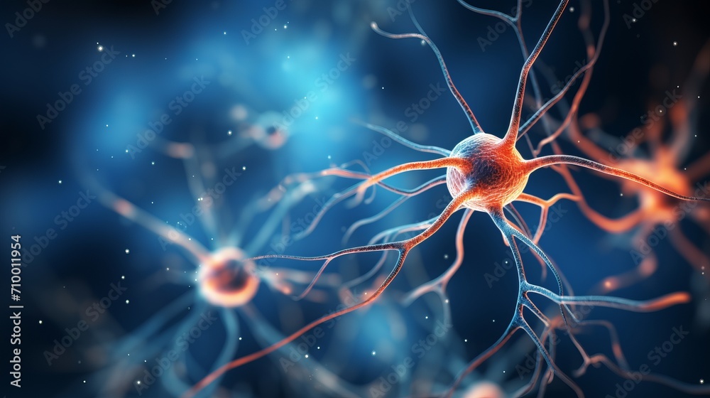 Detailed illustration of human brain and neuron cells with scientific conceptual background - obrazy, fototapety, plakaty 