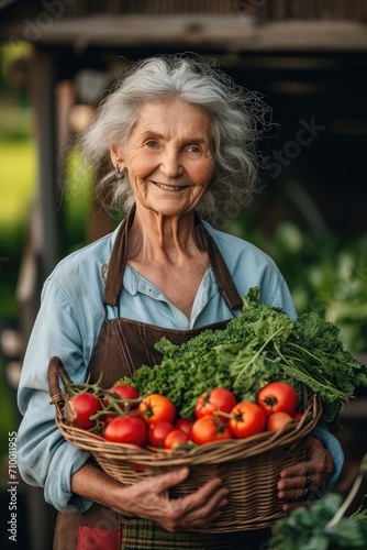 Senior woman farmer holding freshly picked vegetables on her farm. Generative AI.