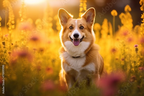 Pembroke welsh corgi dog sitting in meadow field surrounded by vibrant wildflowers and grass on sunny day ai generated