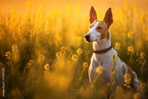 Ibizan hound dog sitting in meadow field surrounded by vibrant wildflowers and grass on sunny day ai generated