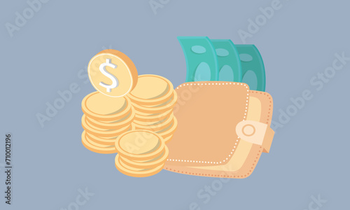 3D Money Saving icon concept. Wallet, bill, coins stack.3d goal for business, bank, finance, investment, money illustrations.