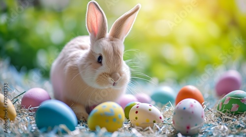 Rabbit Sitting in Grass Surrounded by Easter Eggs © Viktoriia