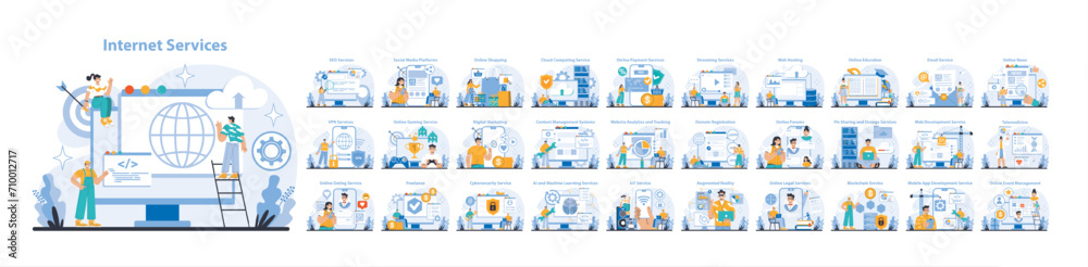 Internet Services set. Wide array of online solutions including SEO, social media, cloud computing, VPN, and more. Digital evolution for connected experiences. Flat vector illustration.