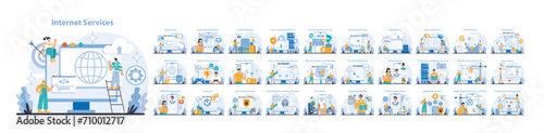 Internet Services set. Wide array of online solutions including SEO, social media, cloud computing, VPN, and more. Digital evolution for connected experiences. Flat vector illustration.