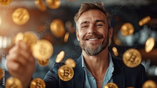 Portrait of a happy business man bitcoin coin A lot fell. Generative AI. photo