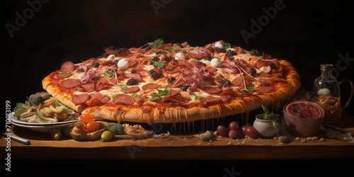 Freshly Baked Pizza topped with mozzarella and basil, pizza with topping view light background professional advertising food photography, Savory Meat Feast Pizza with Rice and Cherry Tomatoes, 