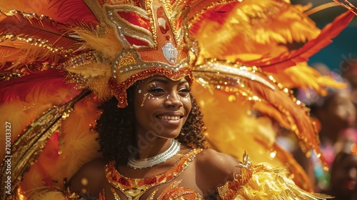 Beautiful dancer in costume at Carnival of Rio de Janeiro. Generative AI.