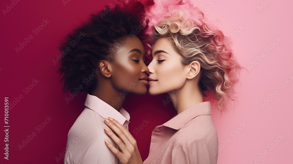 joyful multicultural lgbtq romantic lesbian couple kissing with eyes closed on red and pink background, Valentines day, generative ai - obrazy, fototapety, plakaty 