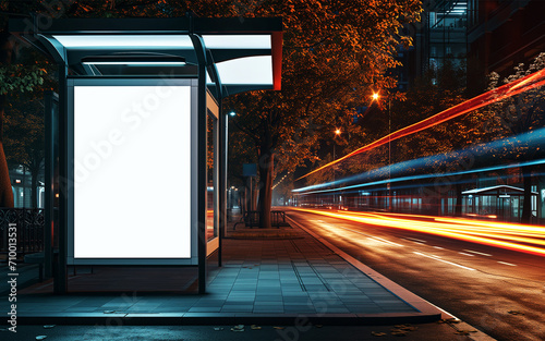 Empty white vertical digital billboard poster on city street bus stop sign in night. Mockup of street advertising bus stop Offer or advertise in public area with blank, clean screen or sign mockup.