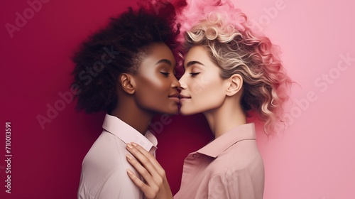 joyful multicultural lgbtq romantic lesbian couple kissing with eyes closed on red and pink background, Valentines day, generative ai photo