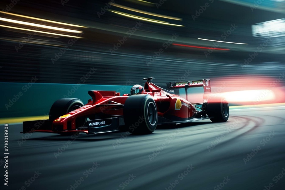 Bright f1 car speeds on circuit. Generative AI