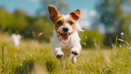Foto Happy Jack Russell Terrier Dog Running and Jumping in Playful Joy