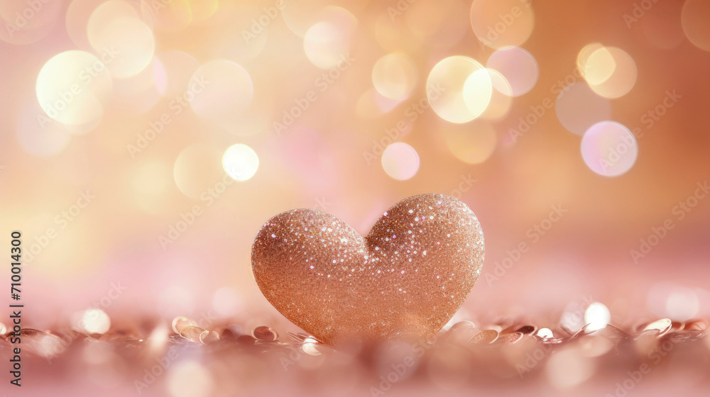 Festive pink background banner with one voluminous shiny heart with bokeh for Valentine's Day cards and greetings. Heart 3D is used as design element. Concept love. Copy space.