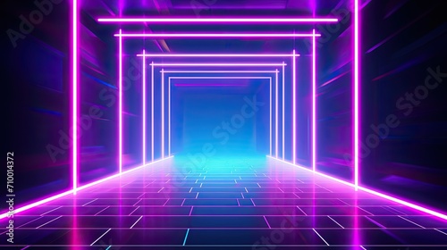 Abstract neon light geometric background. Glowing neon lines. Empty futuristic stage laser. Pink blue rectangular laser lines. Square tunnel. Night club empty room. Banner product