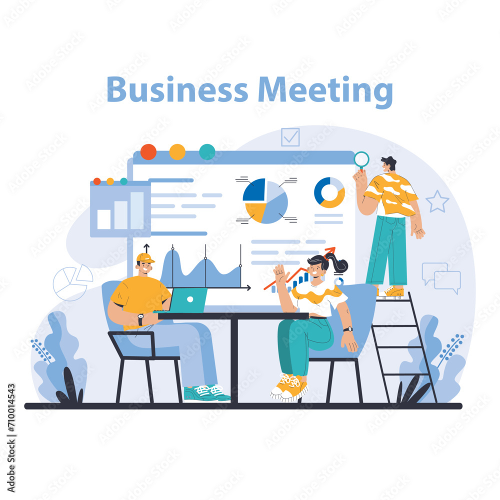 Business meeting concept. Professional team analyzing data and performance metrics. Strategic planning and collaborative discussions. Flat vector illustration. Business meeting concept. Professional team analyzing data and performance metrics. Strategic planning and collaborative discussions. Flat vector illustration.