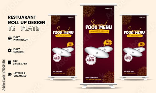 Food rollup banner design for restaurant. creative food roll up banner template, modern food rollup banner