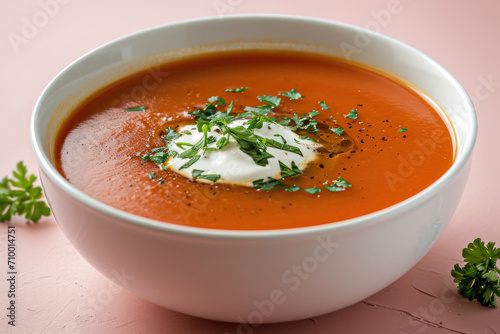 tomato soup with basil close up