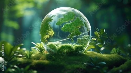 Glass globe world In green forest with warm sunlight. earth day environment conservation concept.