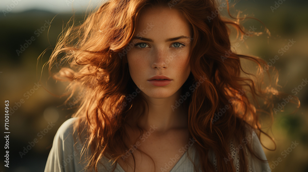 Portrait of a beautiful redhead woman in a green landscape Portrait of a beautiful redhead woman in a green landscape