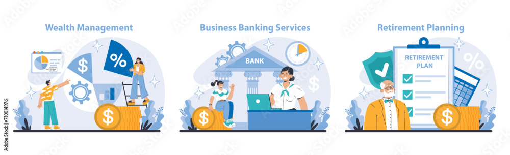 Core Banking Service suite. Guiding wealth management, business banking, and retirement preparation. Strategic financial lifecycle support. Flat vector illustration.