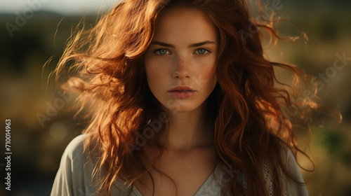 Portrait of a beautiful redhead woman in a green landscape