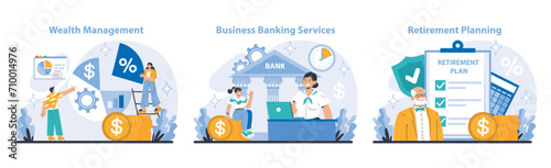 Core Banking Service suite. Guiding wealth management, business banking, and retirement preparation. Strategic financial lifecycle support. Flat vector illustration.